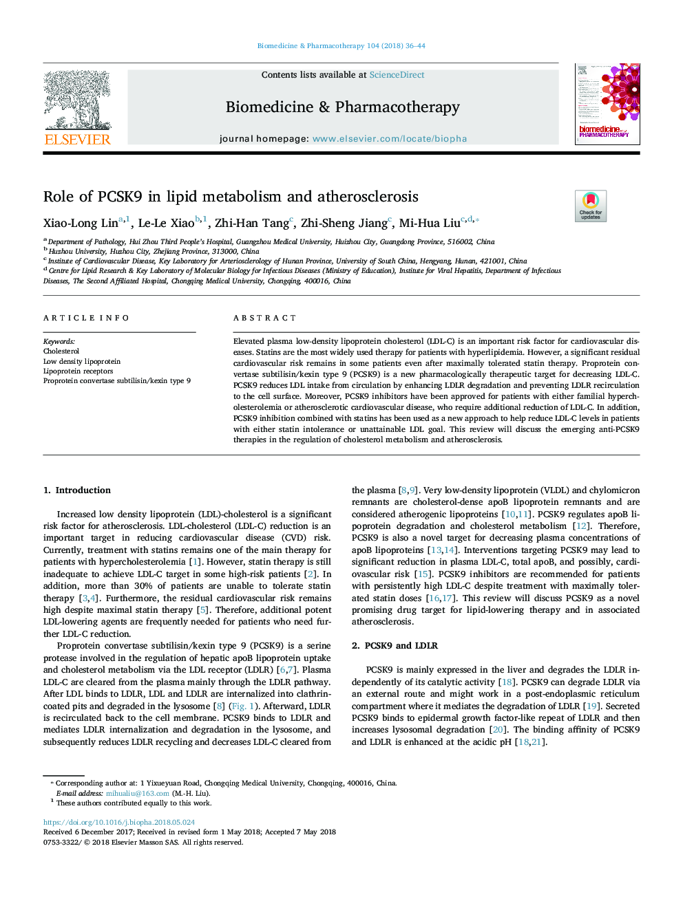 Role of PCSK9 in lipid metabolism and atherosclerosis