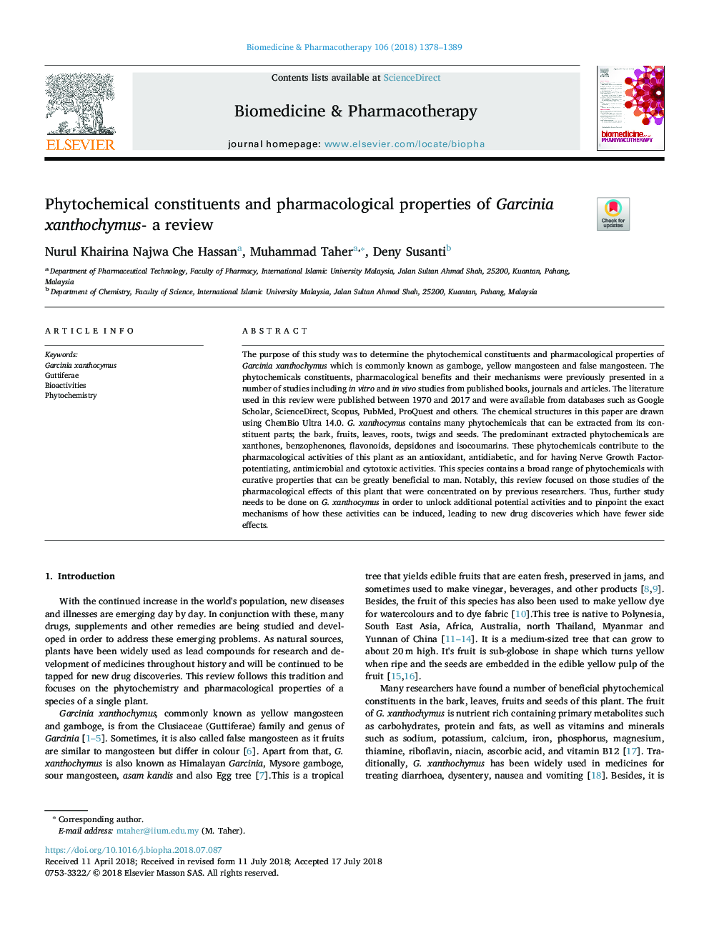 Phytochemical constituents and pharmacological properties of Garcinia xanthochymus- a review