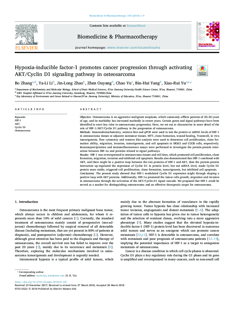 Hypoxia-inducible factor-1 promotes cancer progression through activating AKT/Cyclin D1 signaling pathway in osteosarcoma