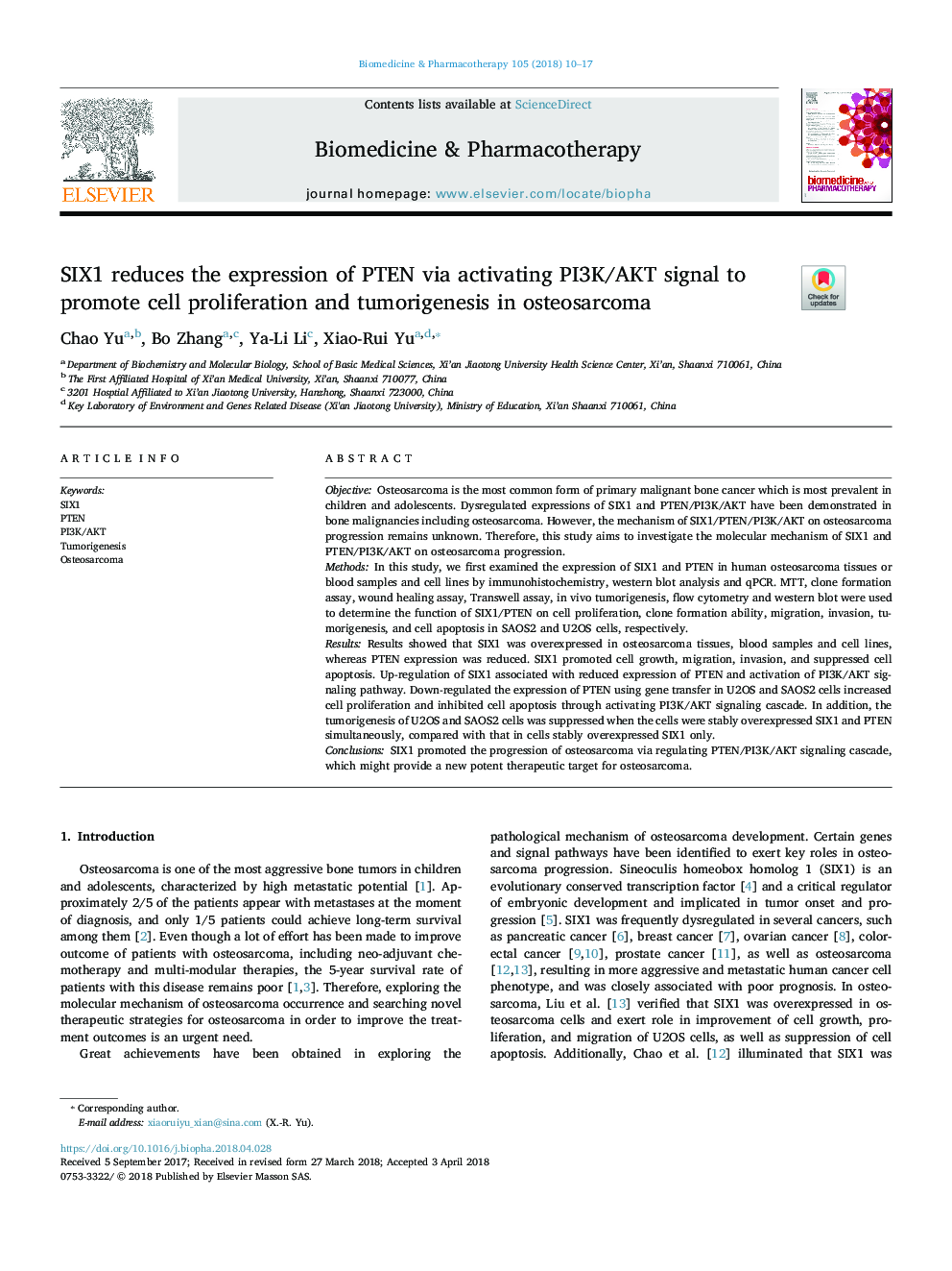 SIX1 reduces the expression of PTEN via activating PI3K/AKT signal to promote cell proliferation and tumorigenesis in osteosarcoma