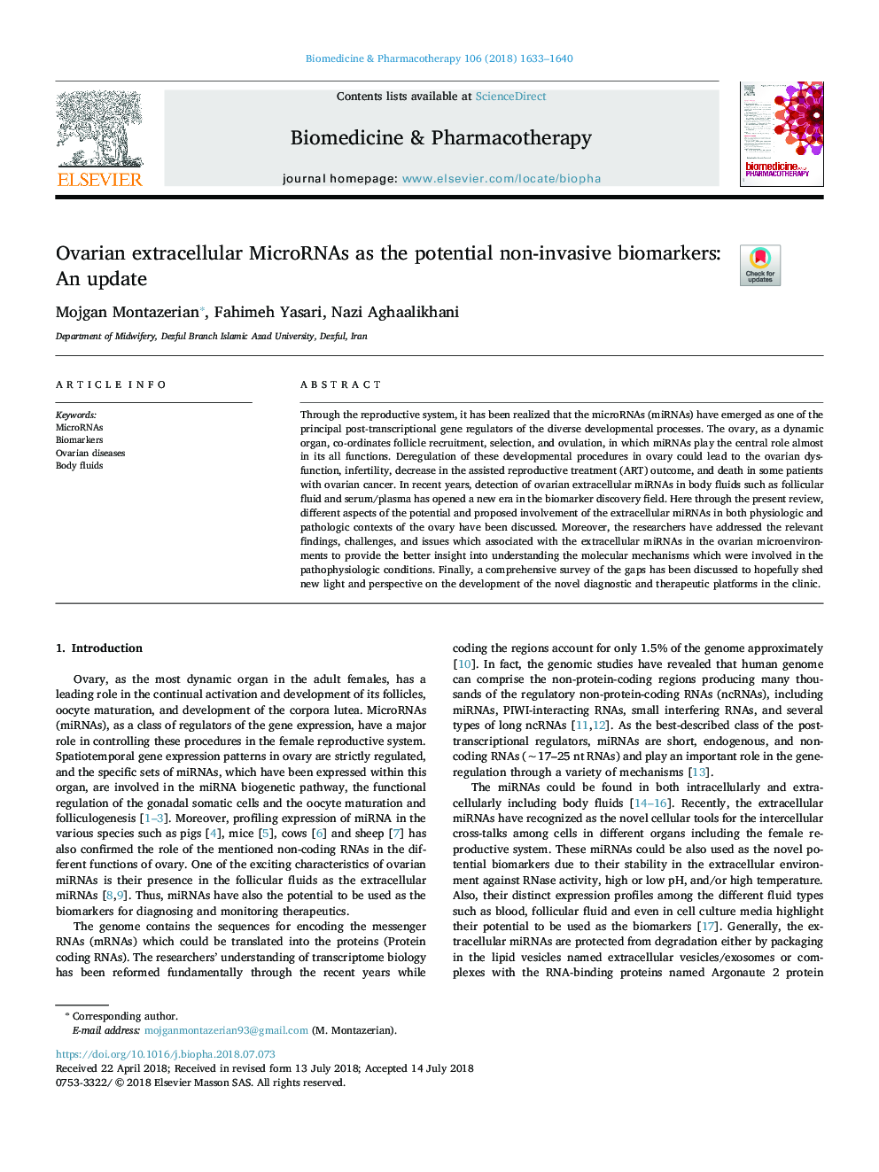 عکس صفحه اول مقاله: Ovarian extracellular MicroRNAs as the potential non-invasive biomarkers: An update Ovarian extracellular MicroRNAs as the potential non-invasive biomarkers: An update