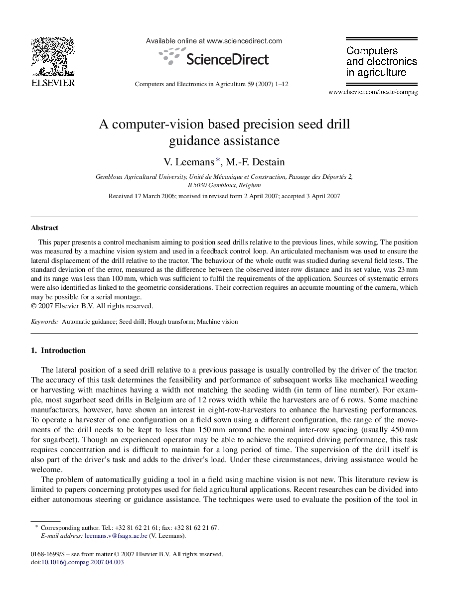 A computer-vision based precision seed drill guidance assistance