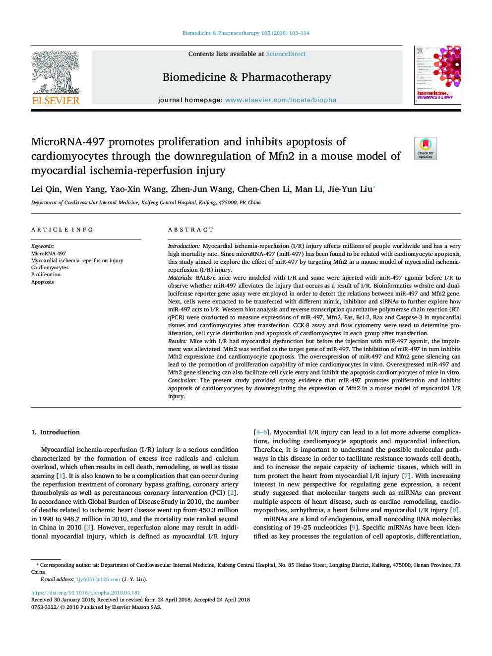 MicroRNA-497 promotes proliferation and inhibits apoptosis of cardiomyocytes through the downregulation of Mfn2 in a mouse model of myocardial ischemia-reperfusion injury