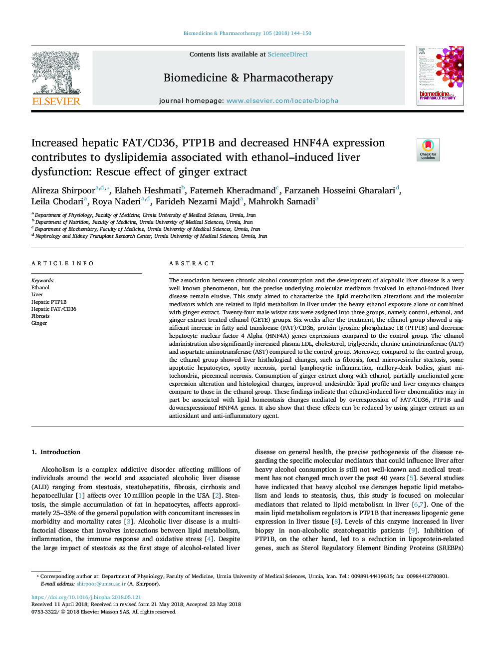 Increased hepatic FAT/CD36, PTP1B and decreased HNF4A expression contributes to dyslipidemia associated with ethanol-induced liver dysfunction: Rescue effect of ginger extract