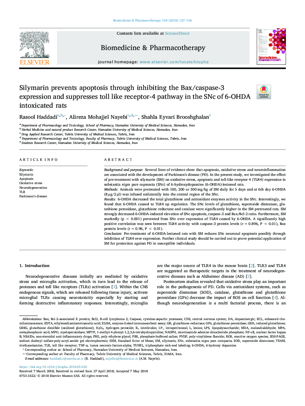 Silymarin prevents apoptosis through inhibiting the Bax/caspase-3 expression and suppresses toll like receptor-4 pathway in the SNc of 6-OHDA intoxicated rats