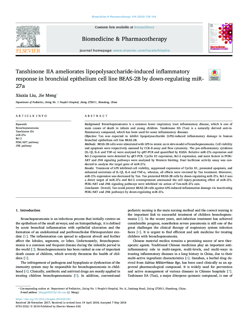 Tanshinone IIA ameliorates lipopolysaccharide-induced inflammatory response in bronchial epithelium cell line BEAS-2B by down-regulating miR-27a