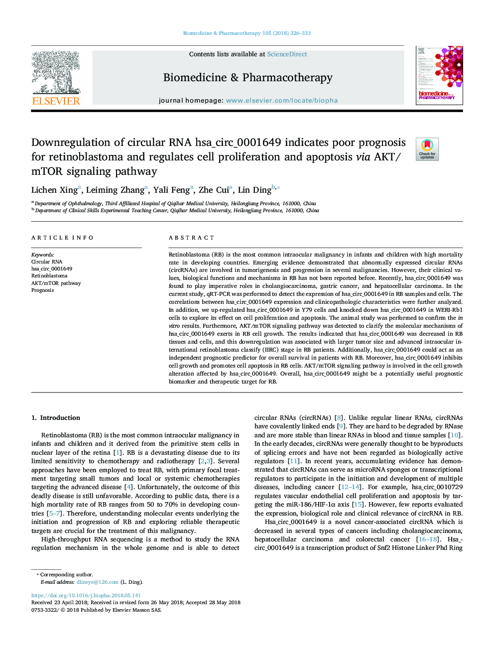 Downregulation of circular RNA hsa_circ_0001649 indicates poor prognosis for retinoblastoma and regulates cell proliferation and apoptosis via AKT/mTOR signaling pathway