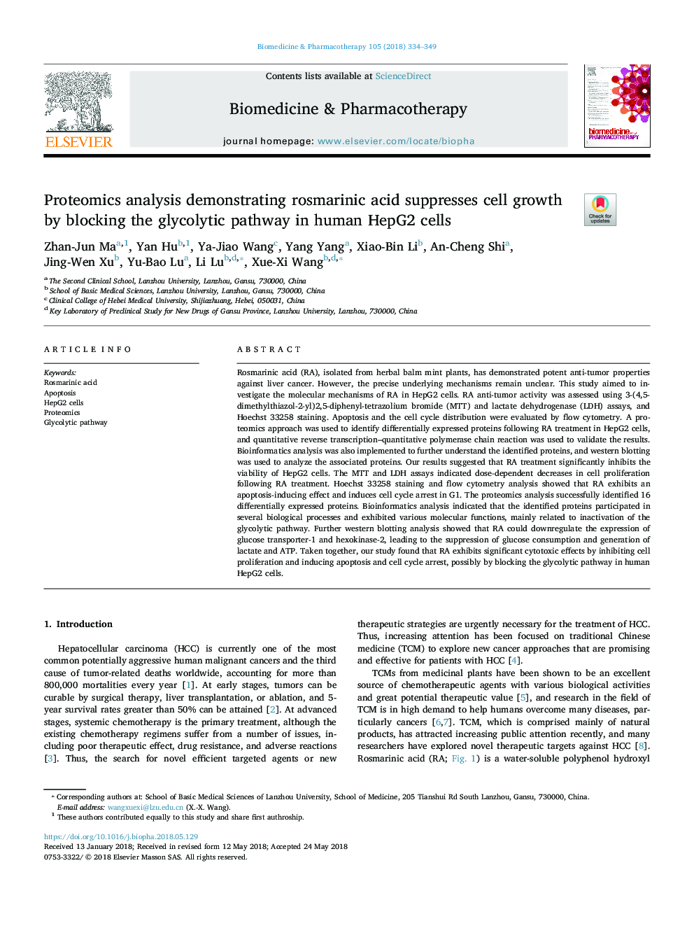 Proteomics analysis demonstrating rosmarinic acid suppresses cell growth by blocking the glycolytic pathway in human HepG2 cells