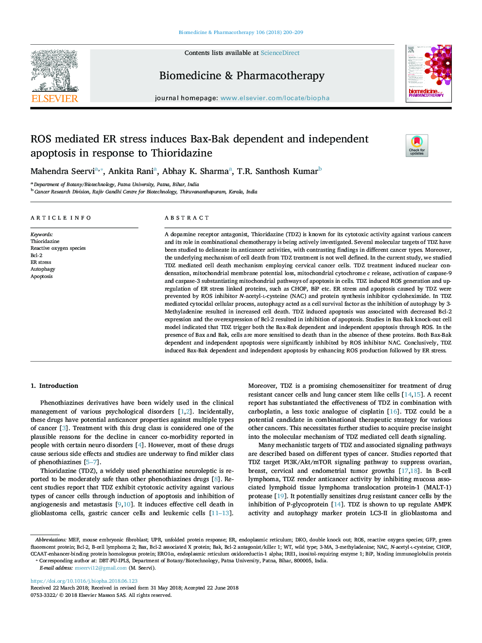 ROS mediated ER stress induces Bax-Bak dependent and independent apoptosis in response to Thioridazine