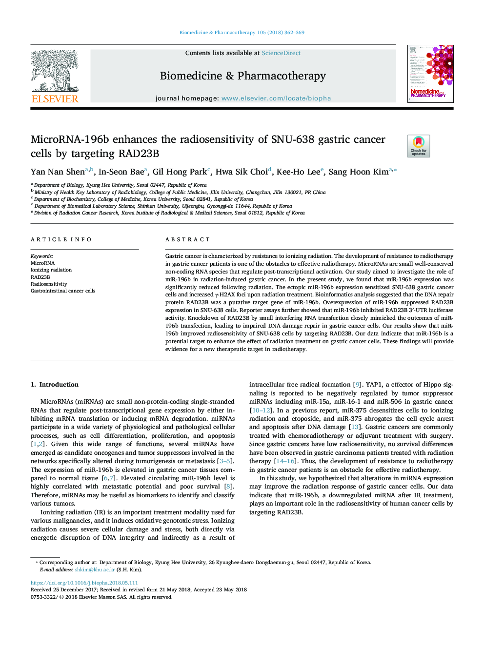 MicroRNA-196b enhances the radiosensitivity of SNU-638 gastric cancer cells by targeting RAD23B