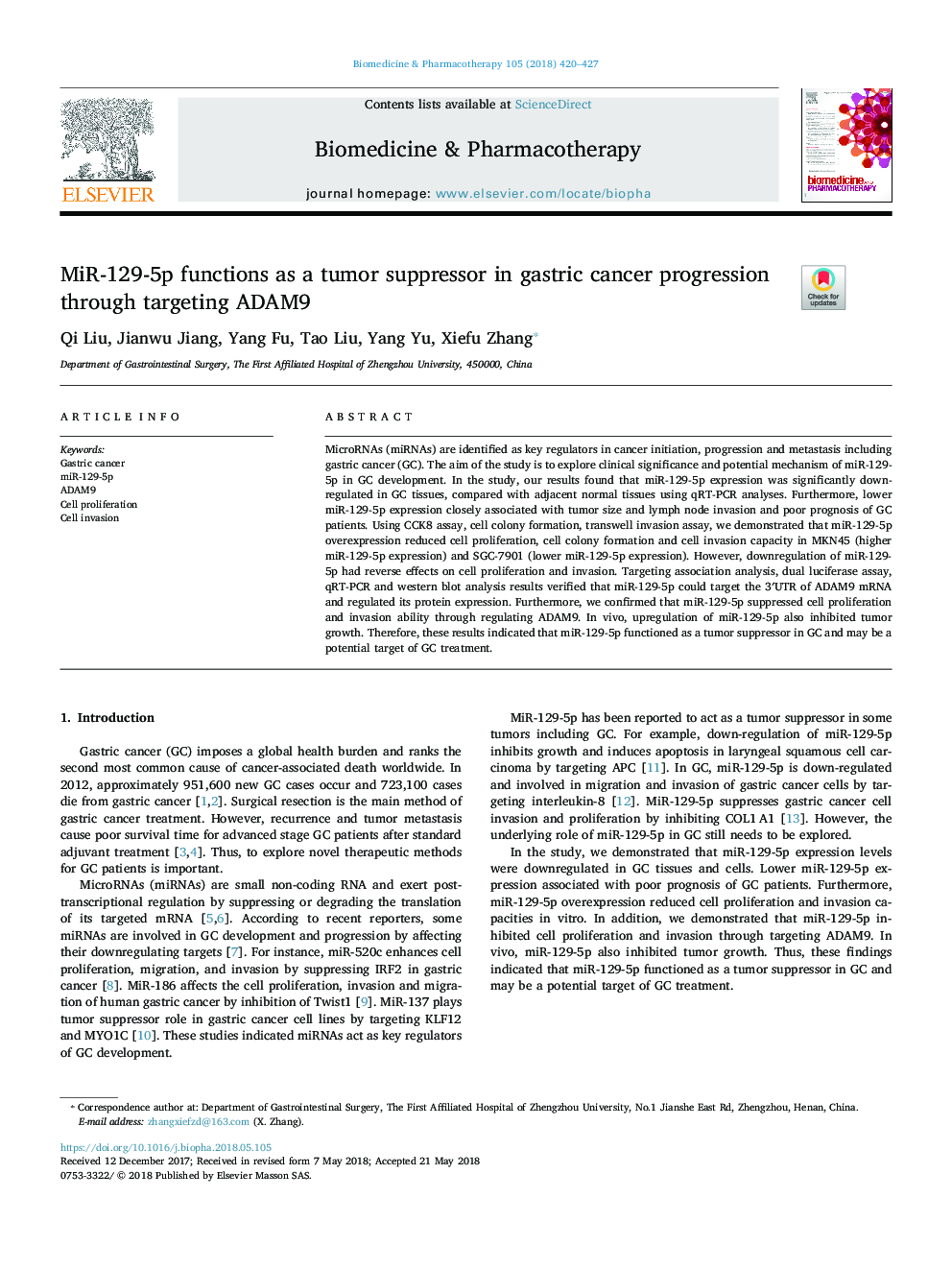 MiR-129-5p functions as a tumor suppressor in gastric cancer progression through targeting ADAM9