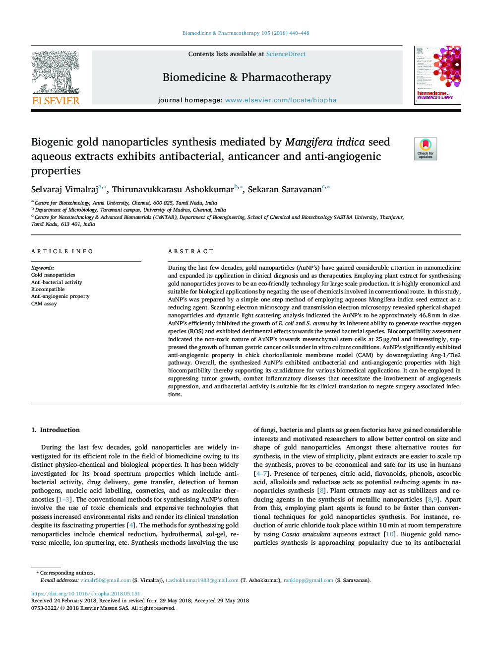 Biogenic gold nanoparticles synthesis mediated by Mangifera indica seed aqueous extracts exhibits antibacterial, anticancer and anti-angiogenic properties