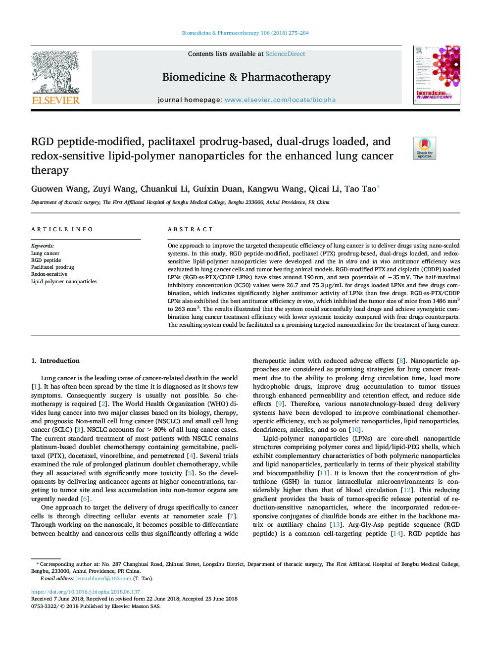 RGD peptide-modified, paclitaxel prodrug-based, dual-drugs loaded, and redox-sensitive lipid-polymer nanoparticles for the enhanced lung cancer therapy