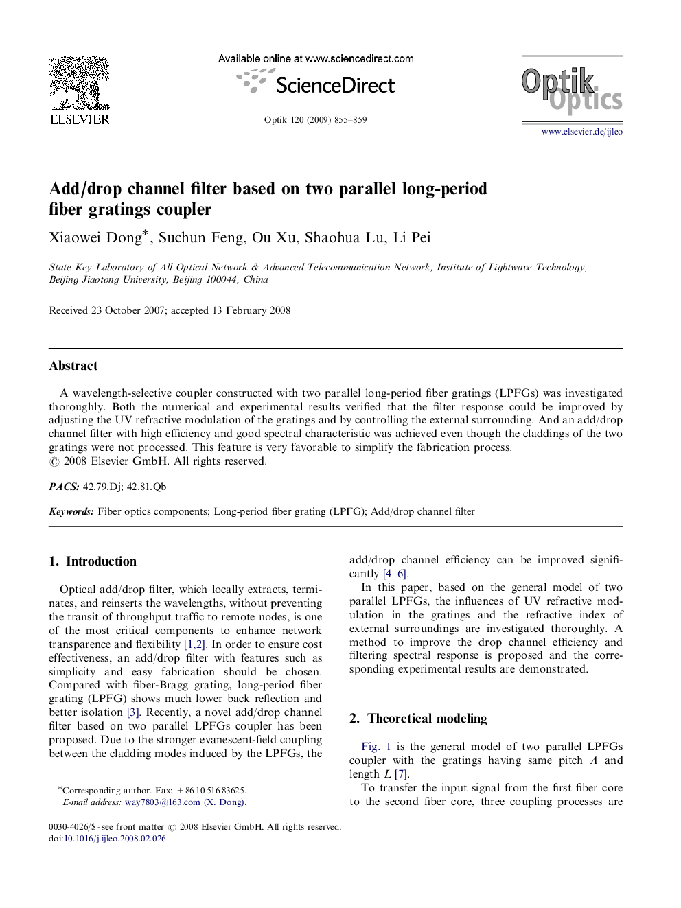 Add/drop channel filter based on two parallel long-period fiber gratings coupler