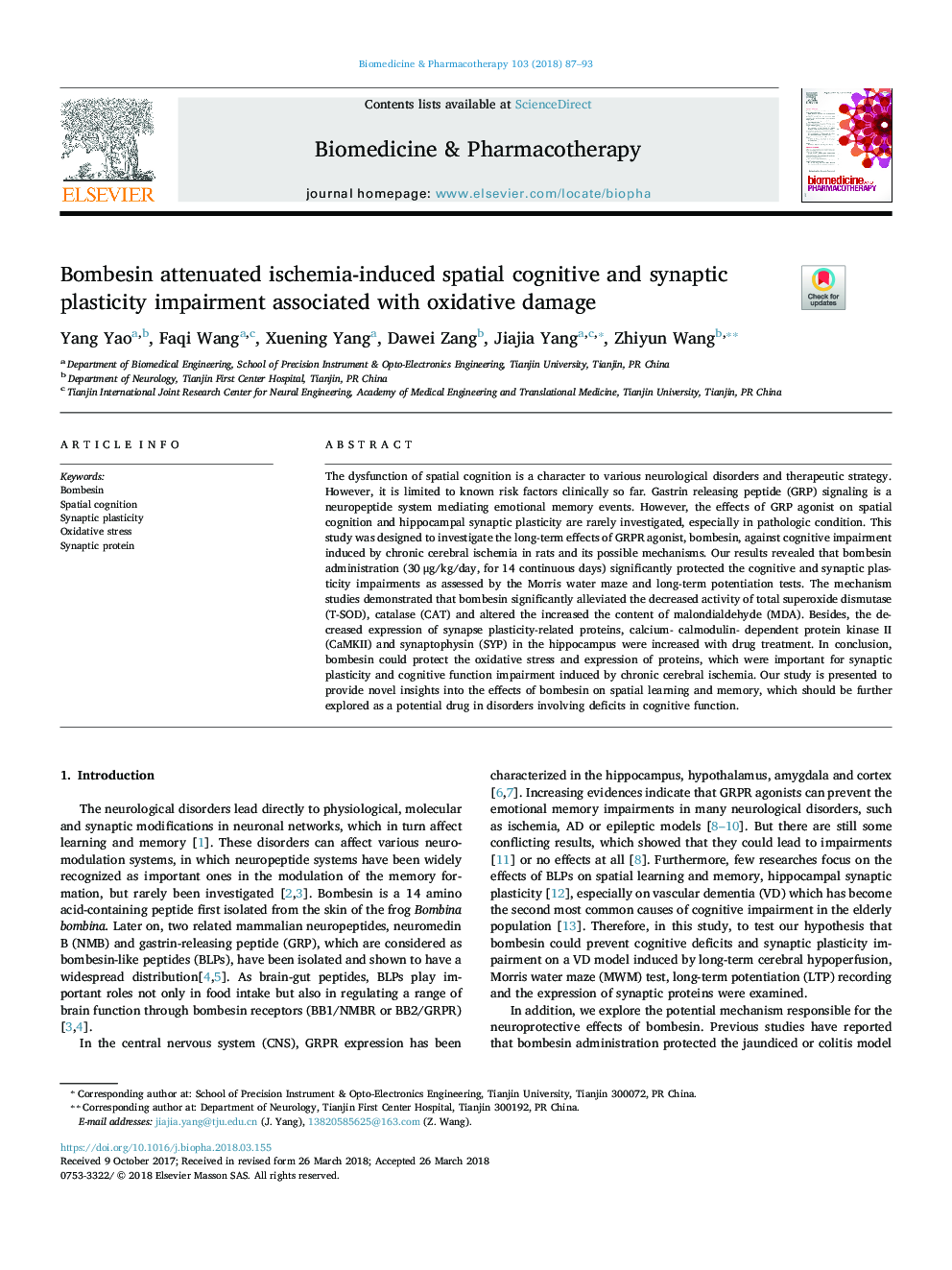 Bombesin attenuated ischemia-induced spatial cognitive and synaptic plasticity impairment associated with oxidative damage