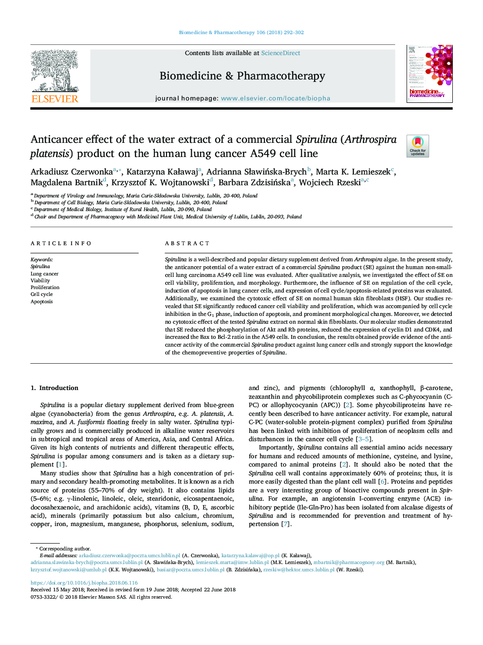 Anticancer effect of the water extract of a commercial Spirulina (Arthrospira platensis) product on the human lung cancer A549 cell line