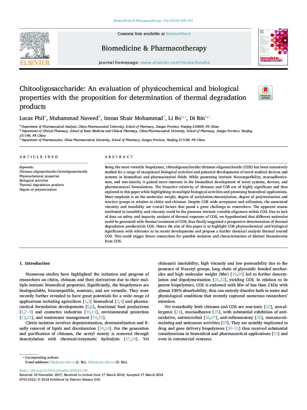 Chitooligosaccharide: An evaluation of physicochemical and biological properties with the proposition for determination of thermal degradation products