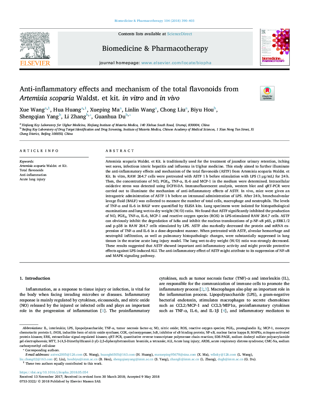 Anti-inflammatory effects and mechanism of the total flavonoids from Artemisia scoparia Waldst. et kit. in vitro and in vivo