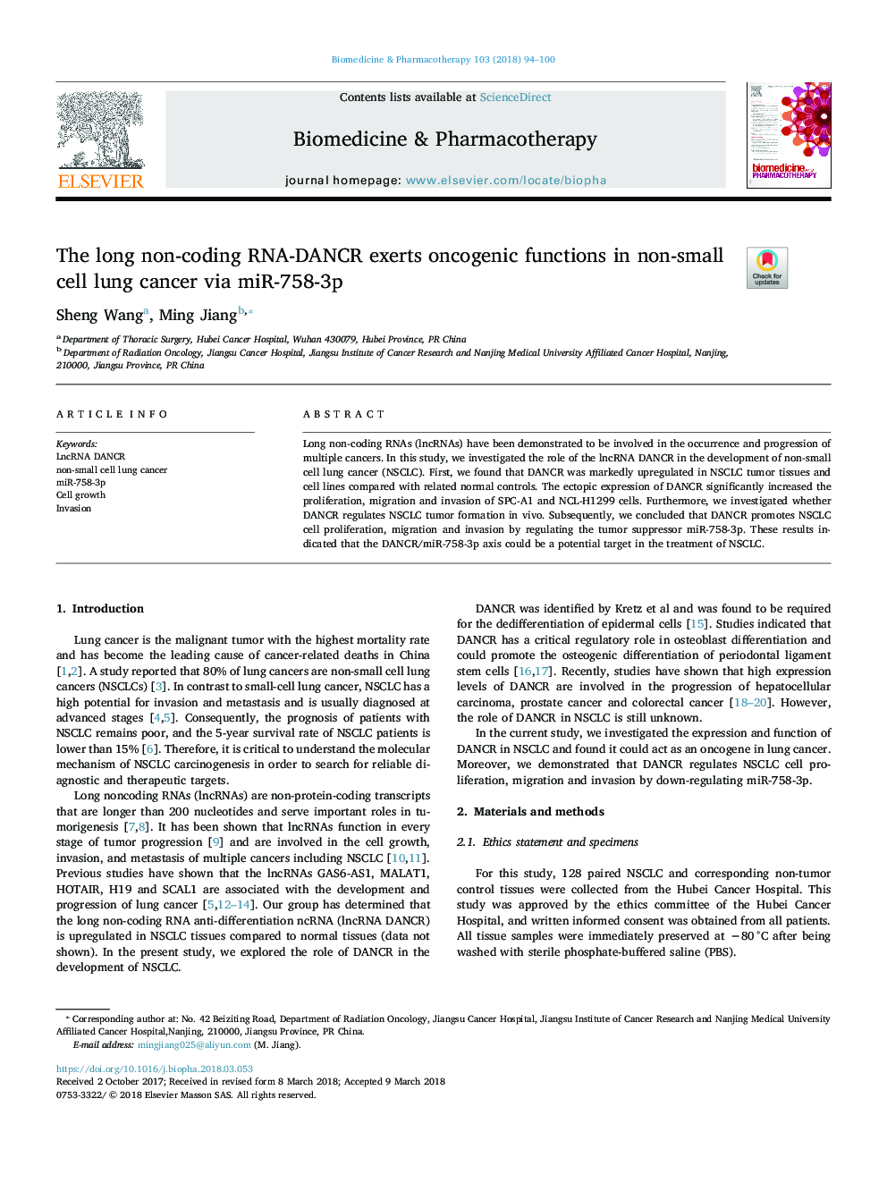 The long non-coding RNA-DANCR exerts oncogenic functions in non-small cell lung cancer via miR-758-3p