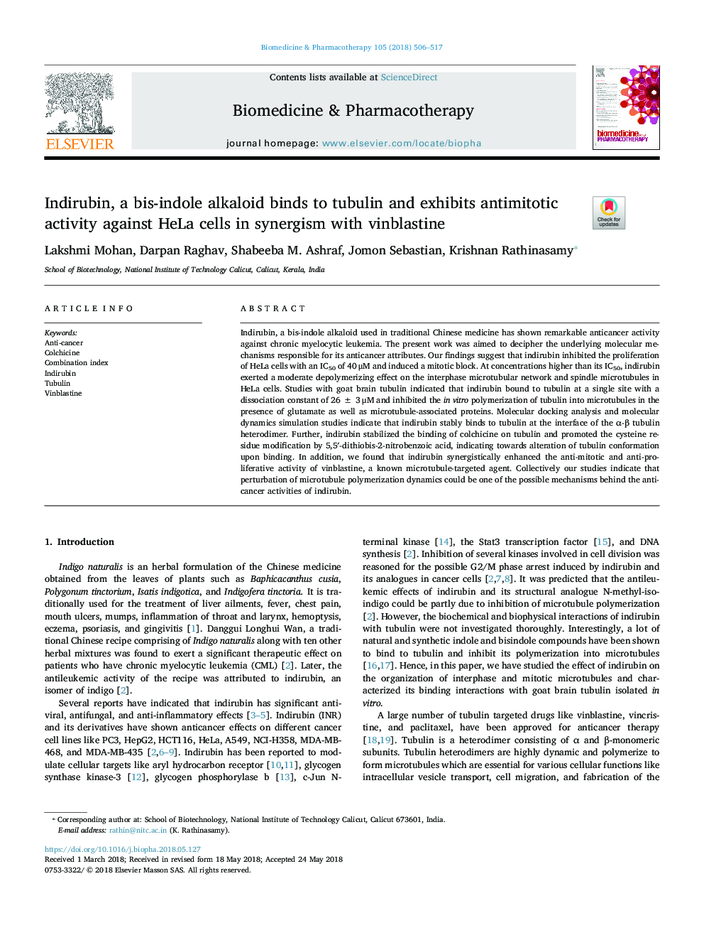 Indirubin, a bis-indole alkaloid binds to tubulin and exhibits antimitotic activity against HeLa cells in synergism with vinblastine