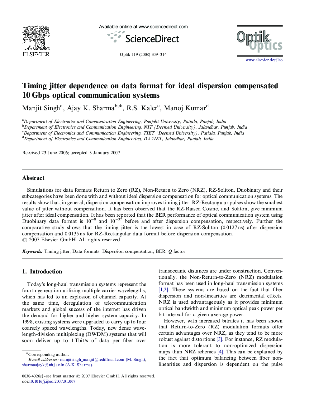 Timing jitter dependence on data format for ideal dispersion compensated 10 Gbps optical communication systems