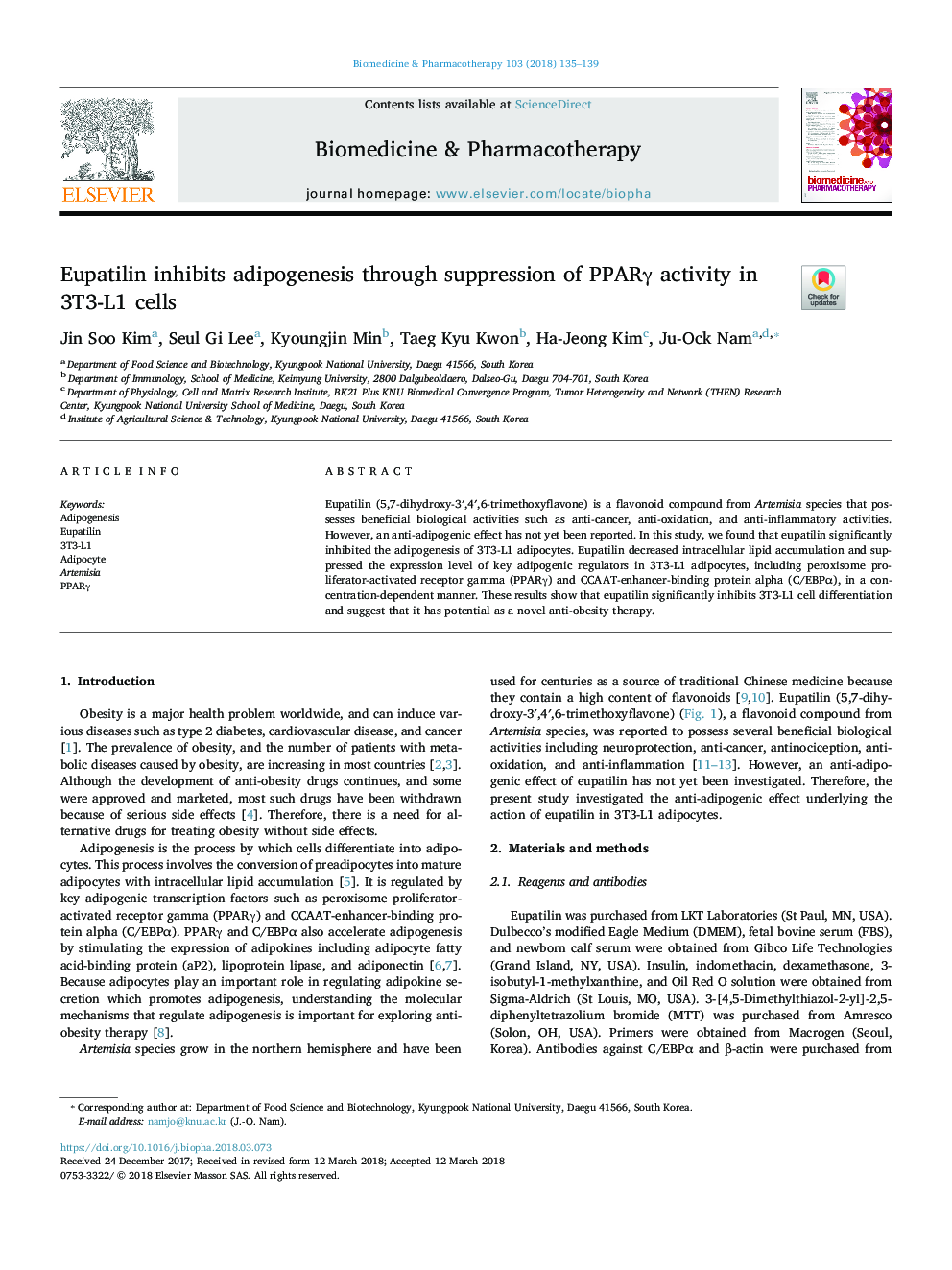 Eupatilin inhibits adipogenesis through suppression of PPARÎ³ activity in 3T3-L1 cells