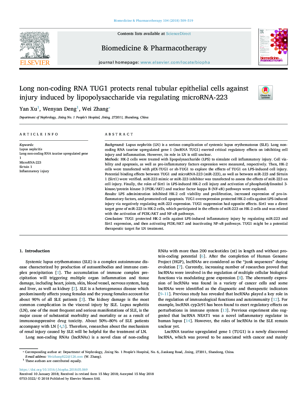 Long non-coding RNA TUG1 protects renal tubular epithelial cells against injury induced by lipopolysaccharide via regulating microRNA-223