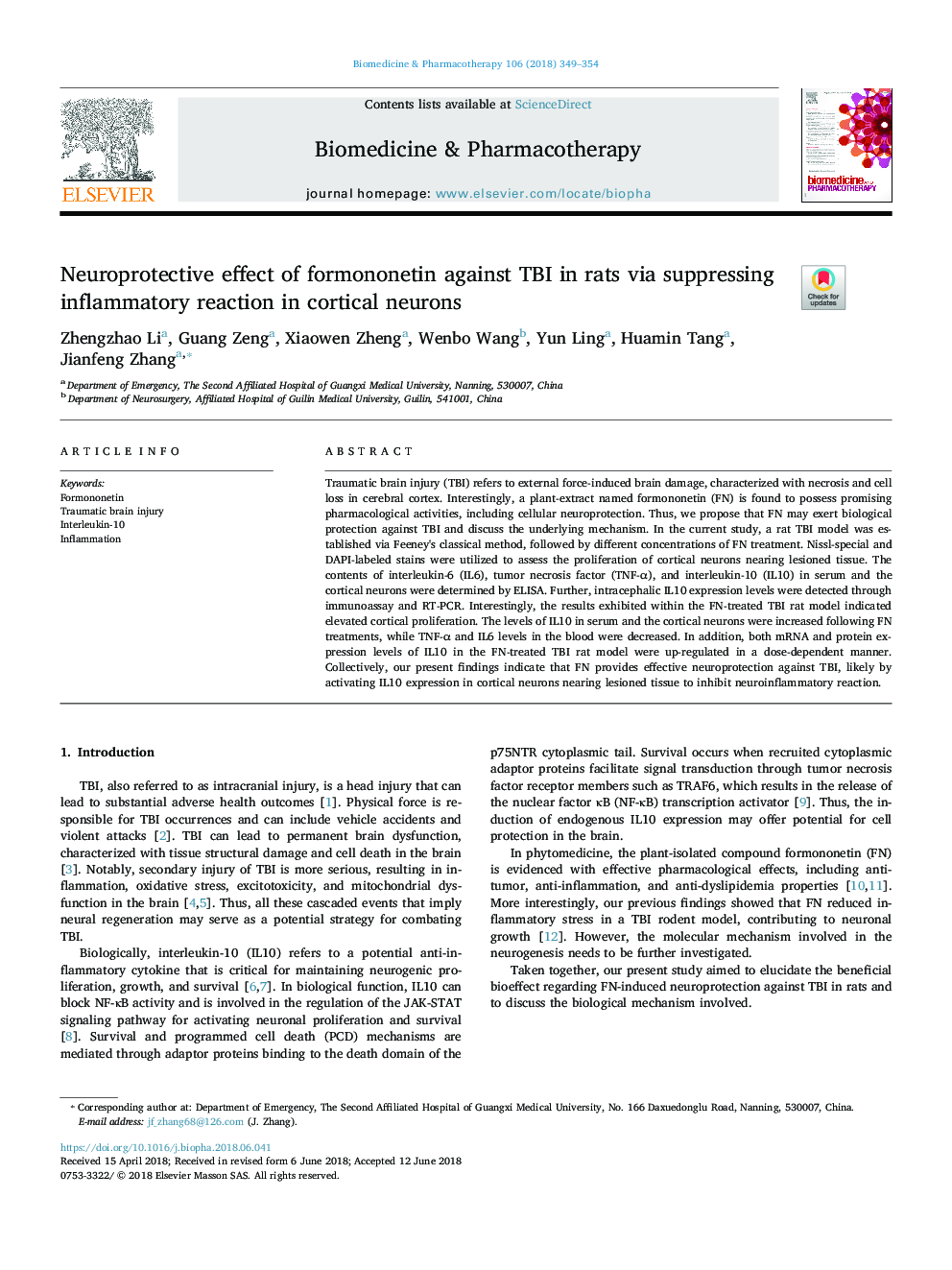 Neuroprotective effect of formononetin against TBI in rats via suppressing inflammatory reaction in cortical neurons