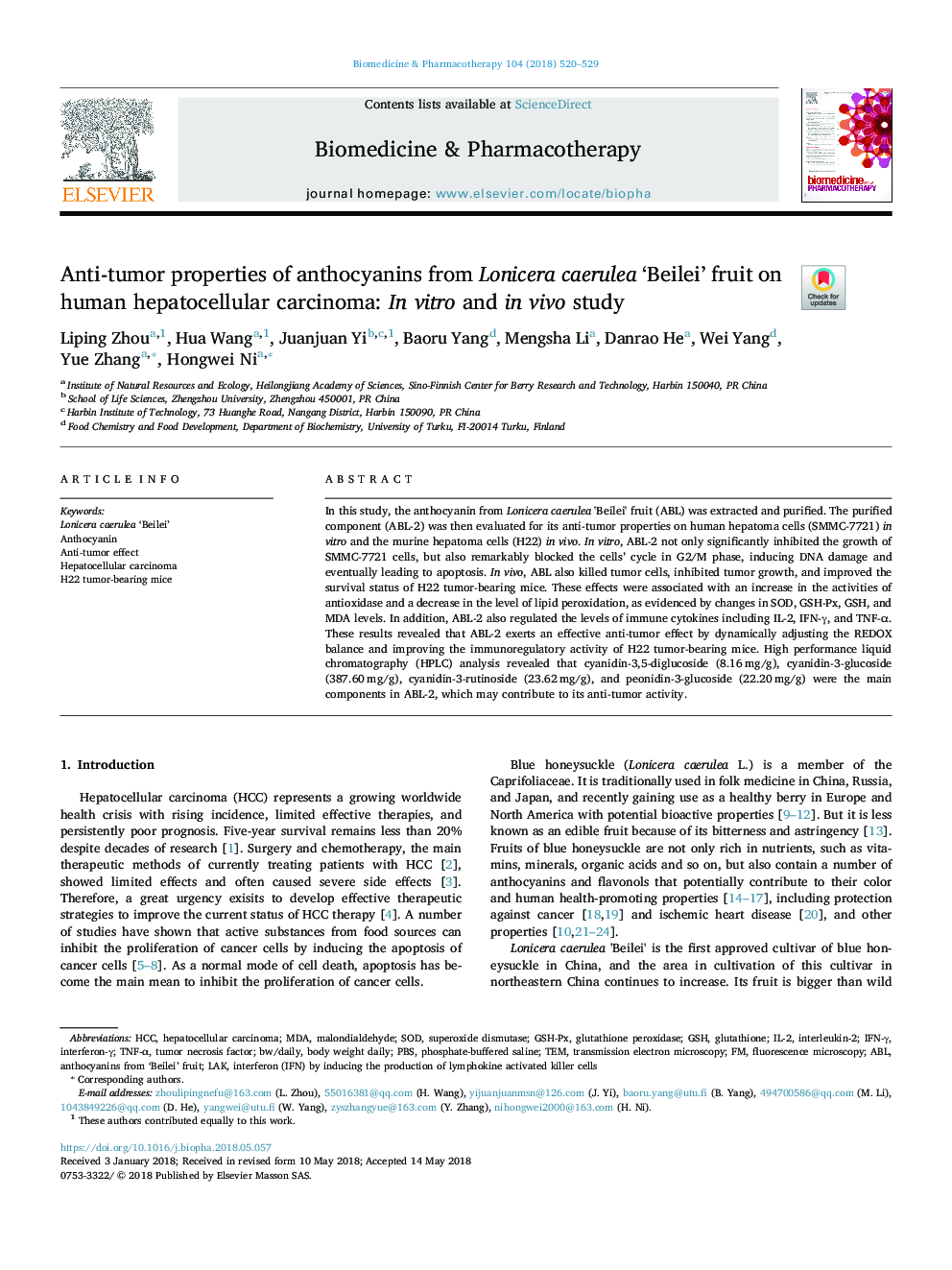 Anti-tumor properties of anthocyanins from Lonicera caerulea 'Beilei' fruit on human hepatocellular carcinoma: In vitro and in vivo study