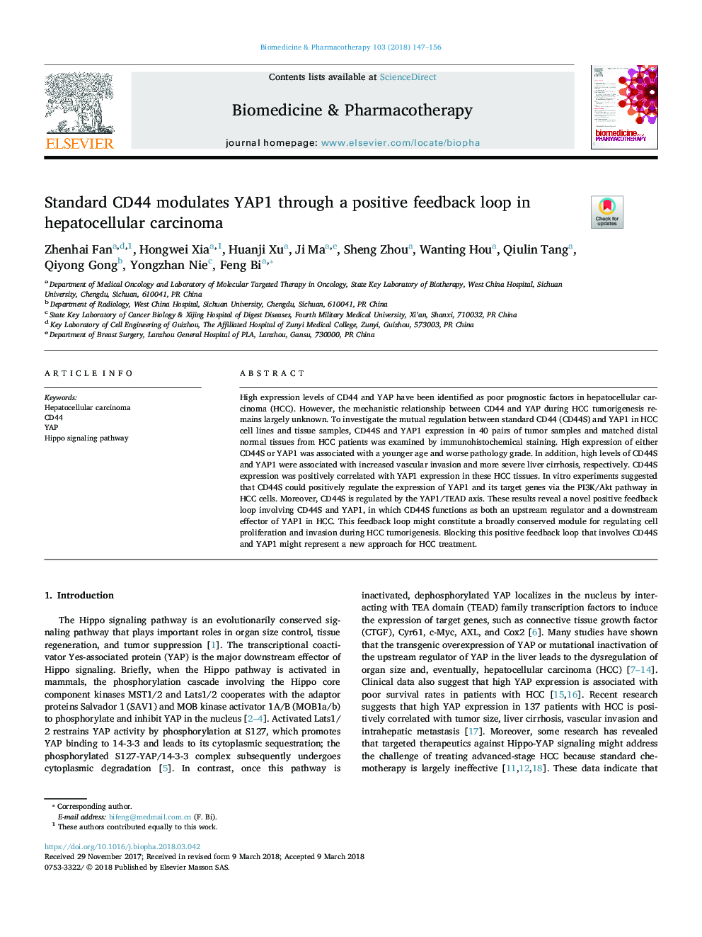 Standard CD44 modulates YAP1 through a positive feedback loop in hepatocellular carcinoma
