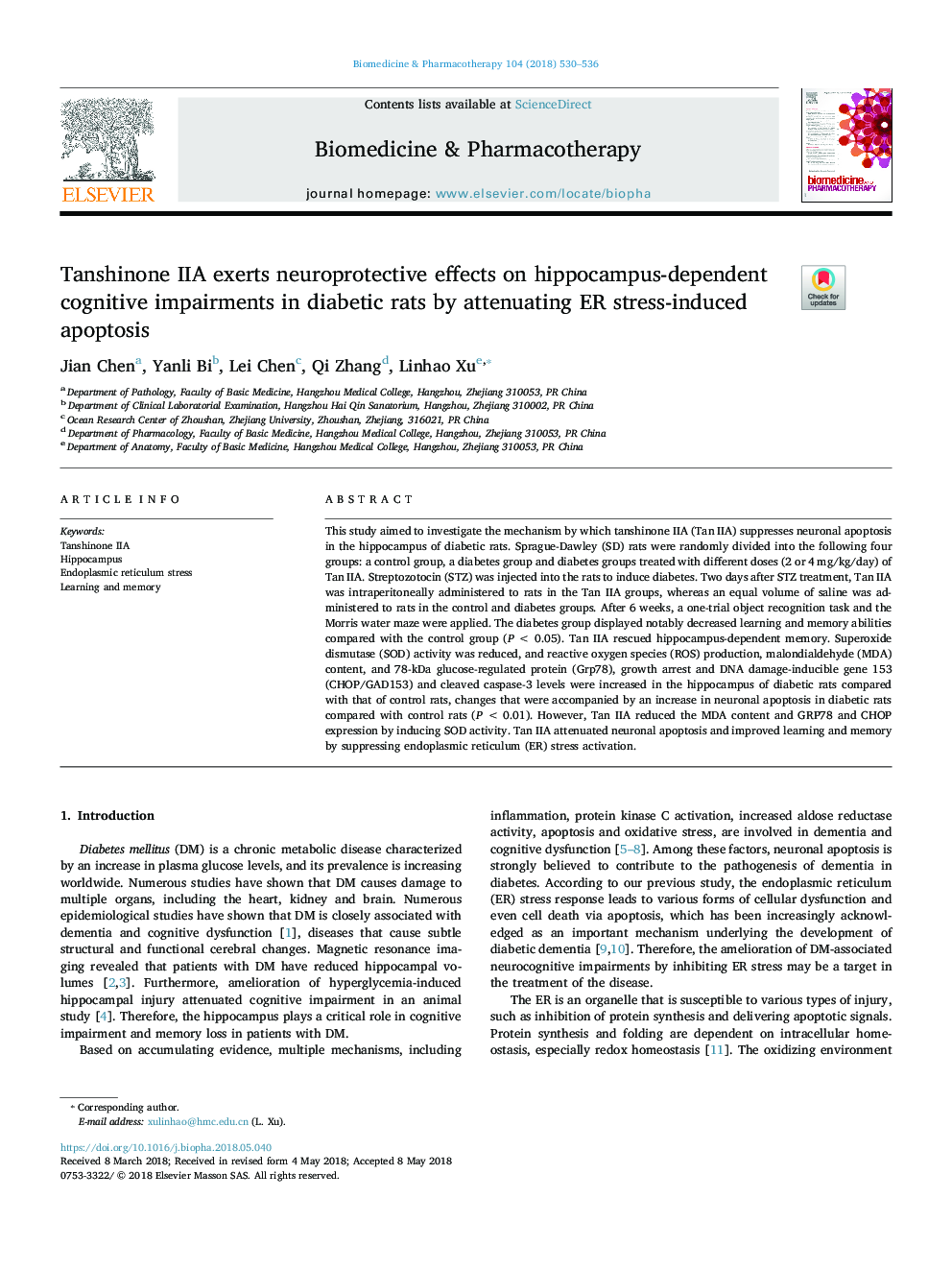 Tanshinone IIA exerts neuroprotective effects on hippocampus-dependent cognitive impairments in diabetic rats by attenuating ER stress-induced apoptosis