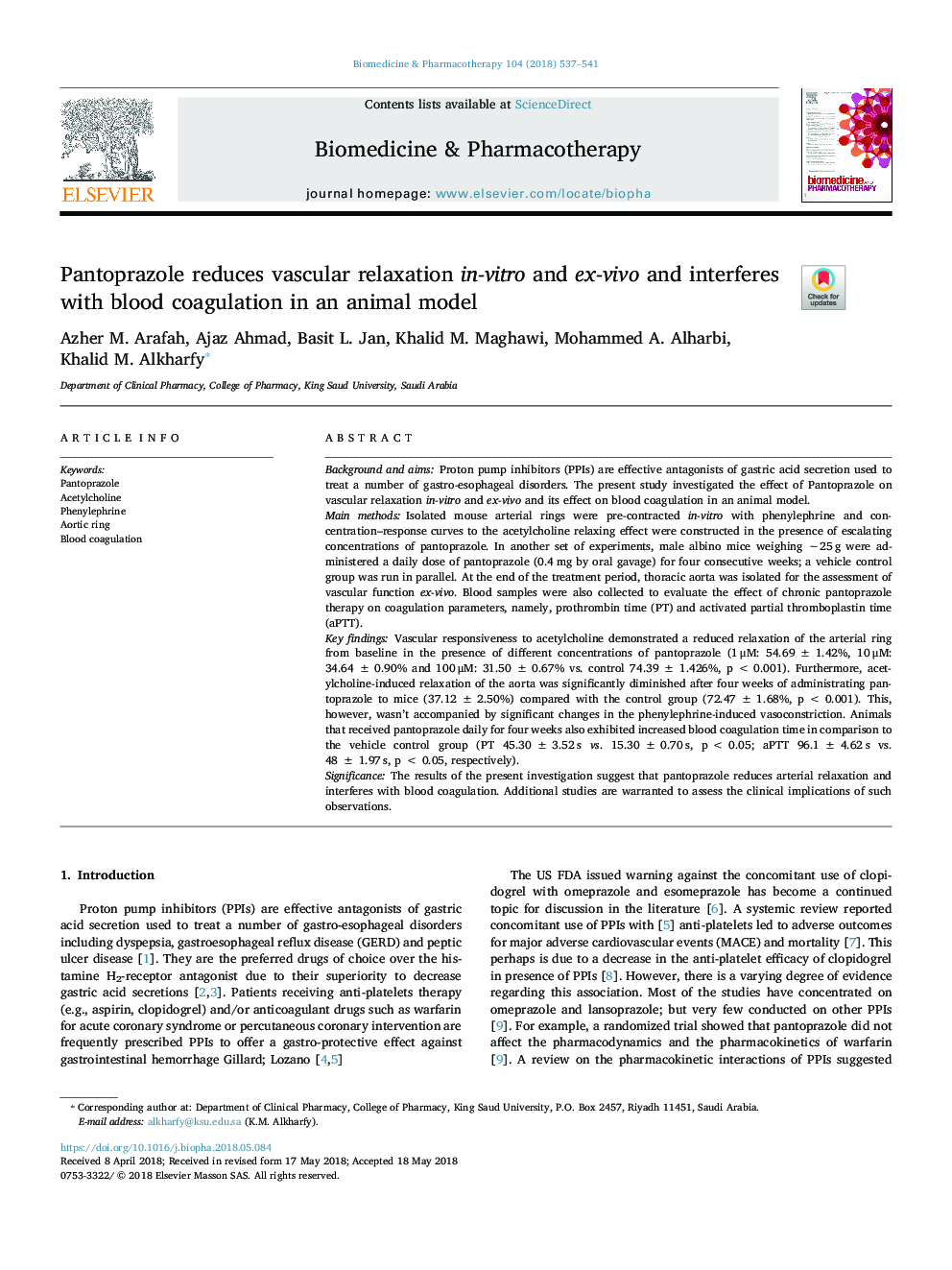 Pantoprazole reduces vascular relaxation in-vitro and ex-vivo and interferes with blood coagulation in an animal model