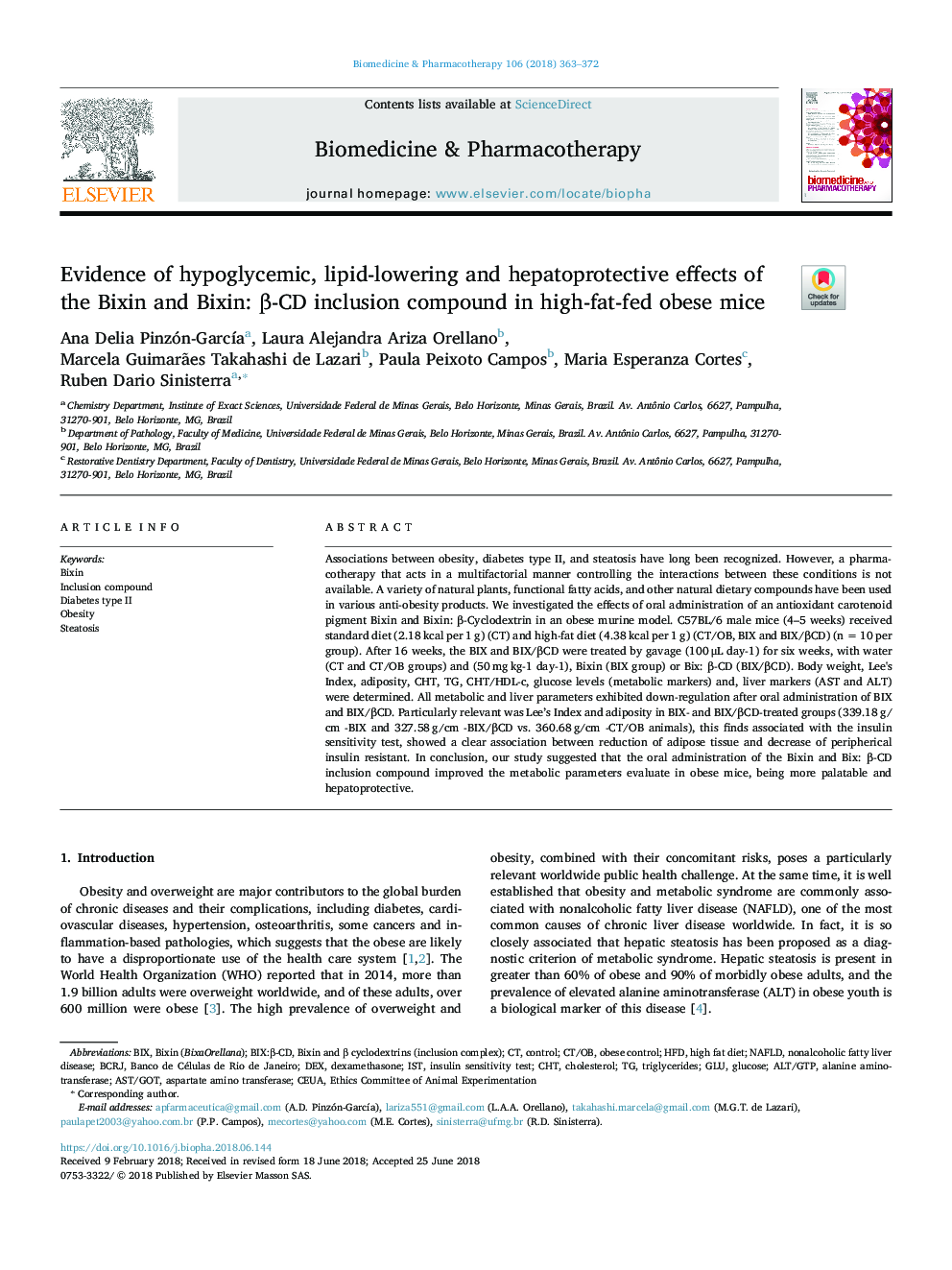 Evidence of hypoglycemic, lipid-lowering and hepatoprotective effects of the Bixin and Bixin: Î²-CD inclusion compound in high-fat-fed obese mice