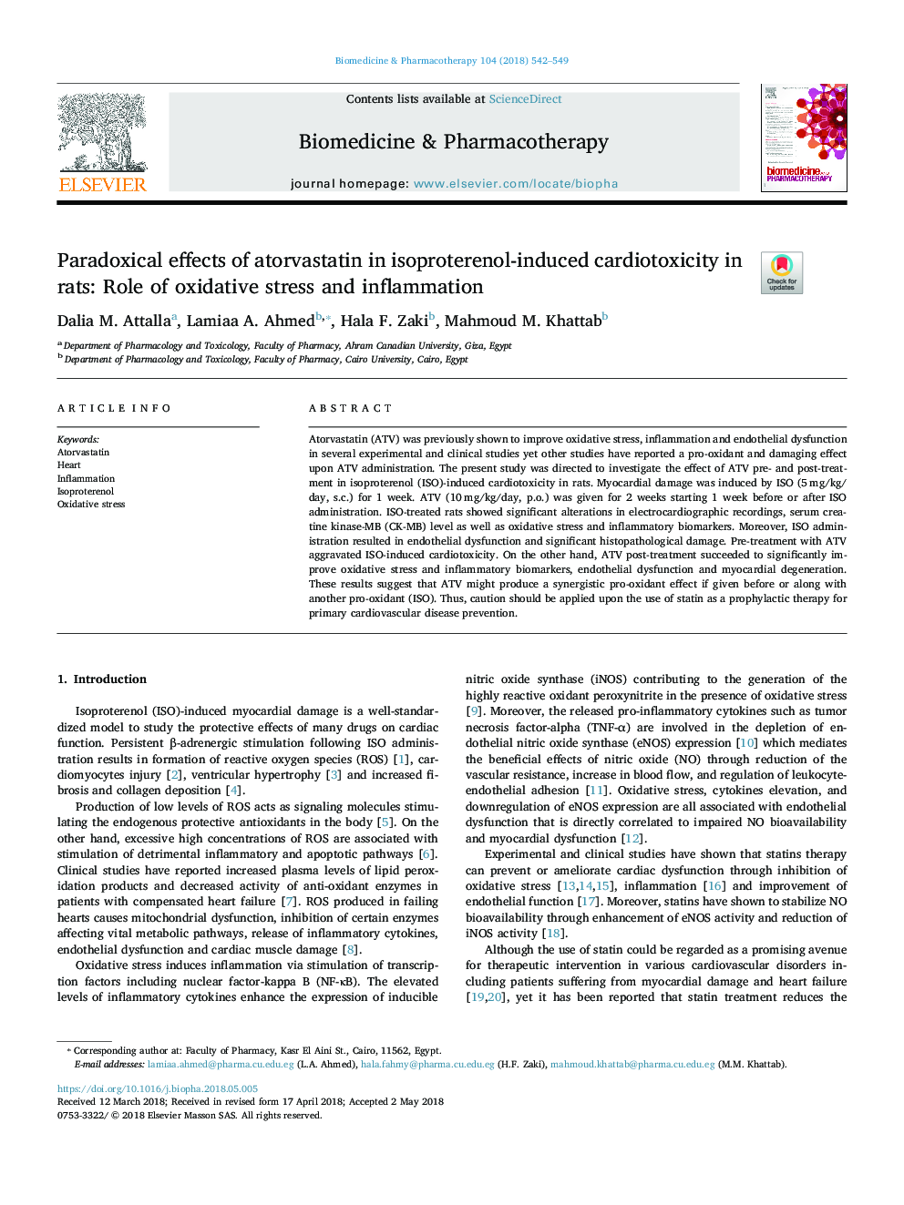 اثرات پارادوکسیک آتورواستاتین در سمیت قلبی ناشی از ایزوپروترنول در موش صحرایی: نقش استرس اکسیداتیو و التهاب 
