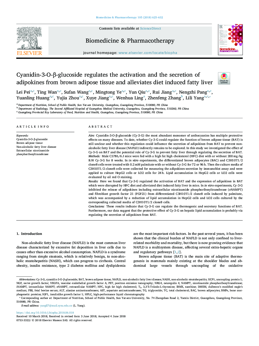 Cyanidin-3-O-Î²-glucoside regulates the activation and the secretion of adipokines from brown adipose tissue and alleviates diet induced fatty liver