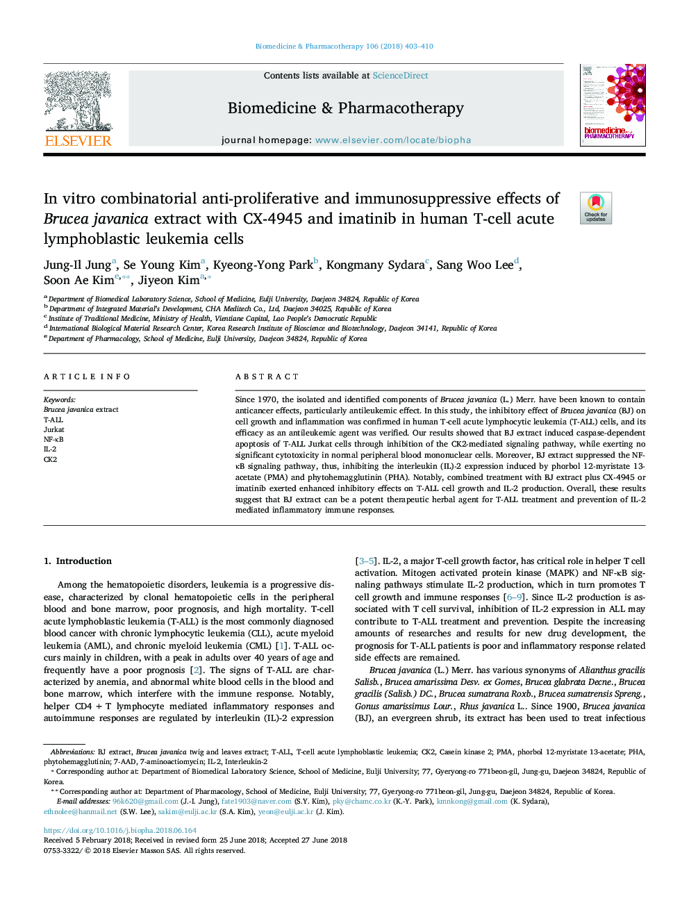 In vitro combinatorial anti-proliferative and immunosuppressive effects of Brucea javanica extract with CX-4945 and imatinib in human T-cell acute lymphoblastic leukemia cells