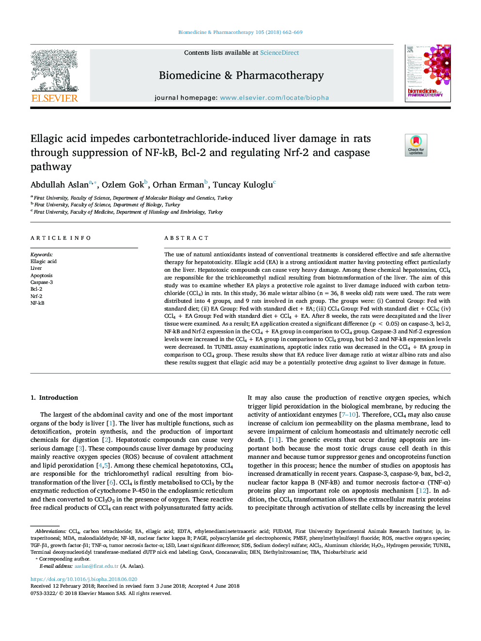 Ellagic acid impedes carbontetrachloride-induced liver damage in rats through suppression of NF-kB, Bcl-2 and regulating Nrf-2 and caspase pathway