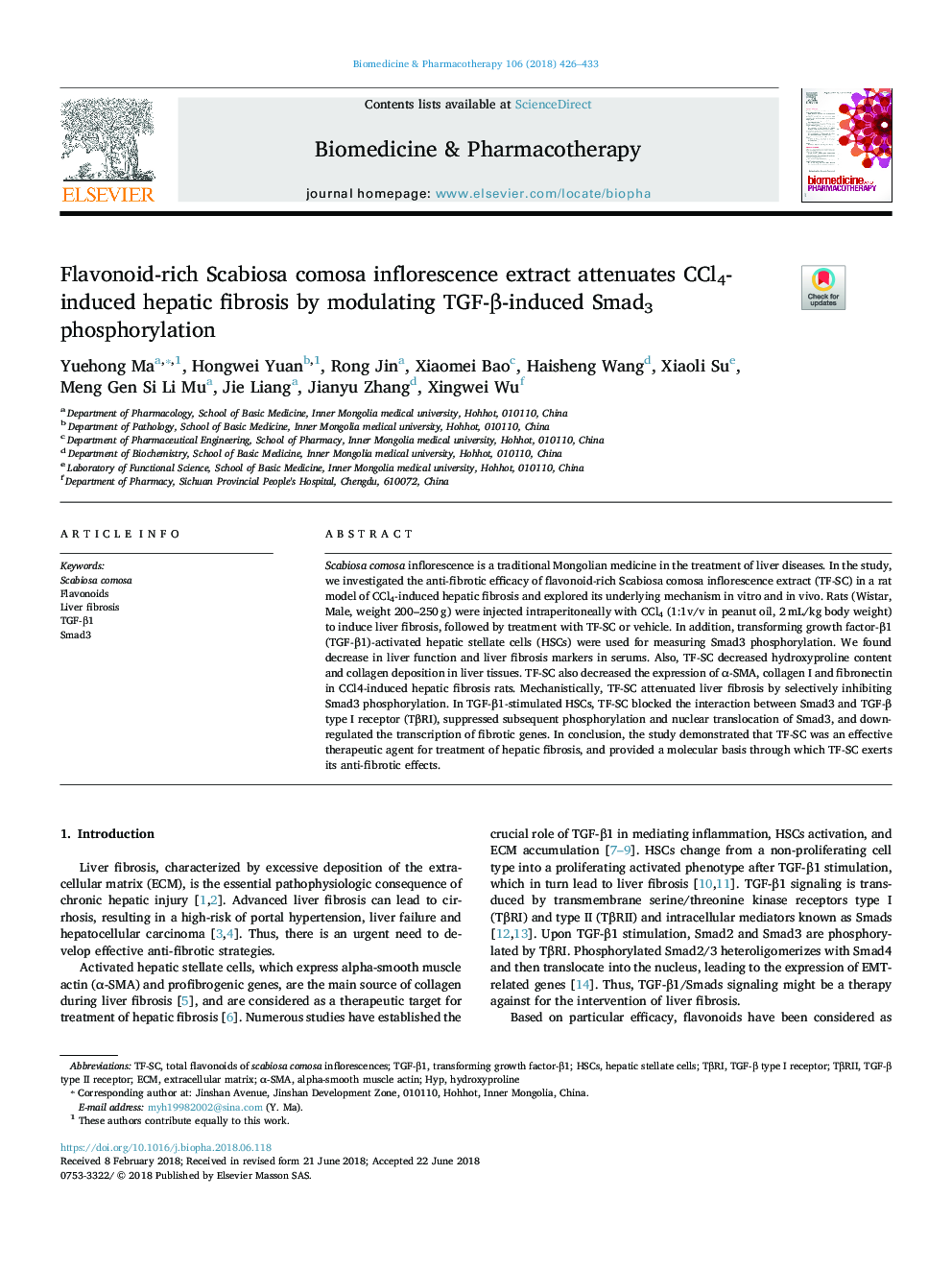 Flavonoid-rich Scabiosa comosa inflorescence extract attenuates CCl4-induced hepatic fibrosis by modulating TGF-Î²-induced Smad3 phosphorylation