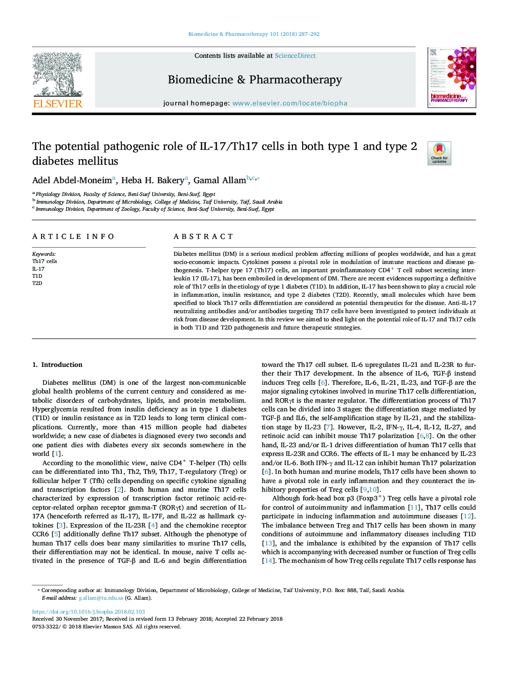 The potential pathogenic role of IL-17/Th17 cells in both type 1 and type 2 diabetes mellitus