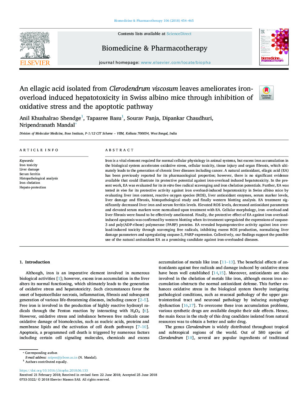 An ellagic acid isolated from Clerodendrum viscosum leaves ameliorates iron-overload induced hepatotoxicity in Swiss albino mice through inhibition of oxidative stress and the apoptotic pathway