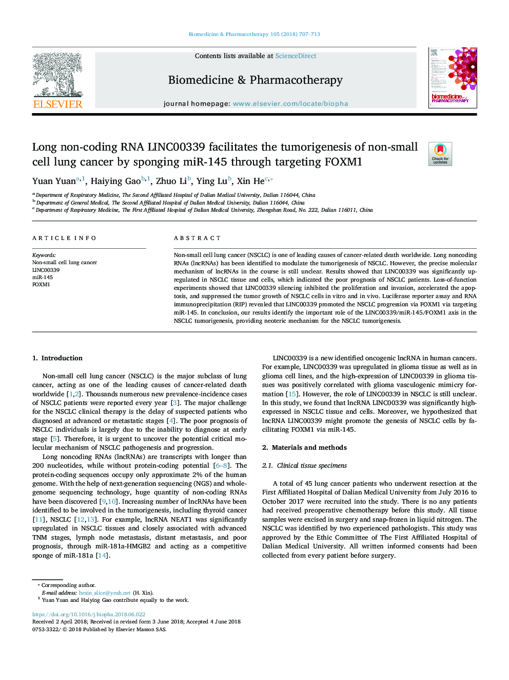 Long non-coding RNA LINC00339 facilitates the tumorigenesis of non-small cell lung cancer by sponging miR-145 through targeting FOXM1