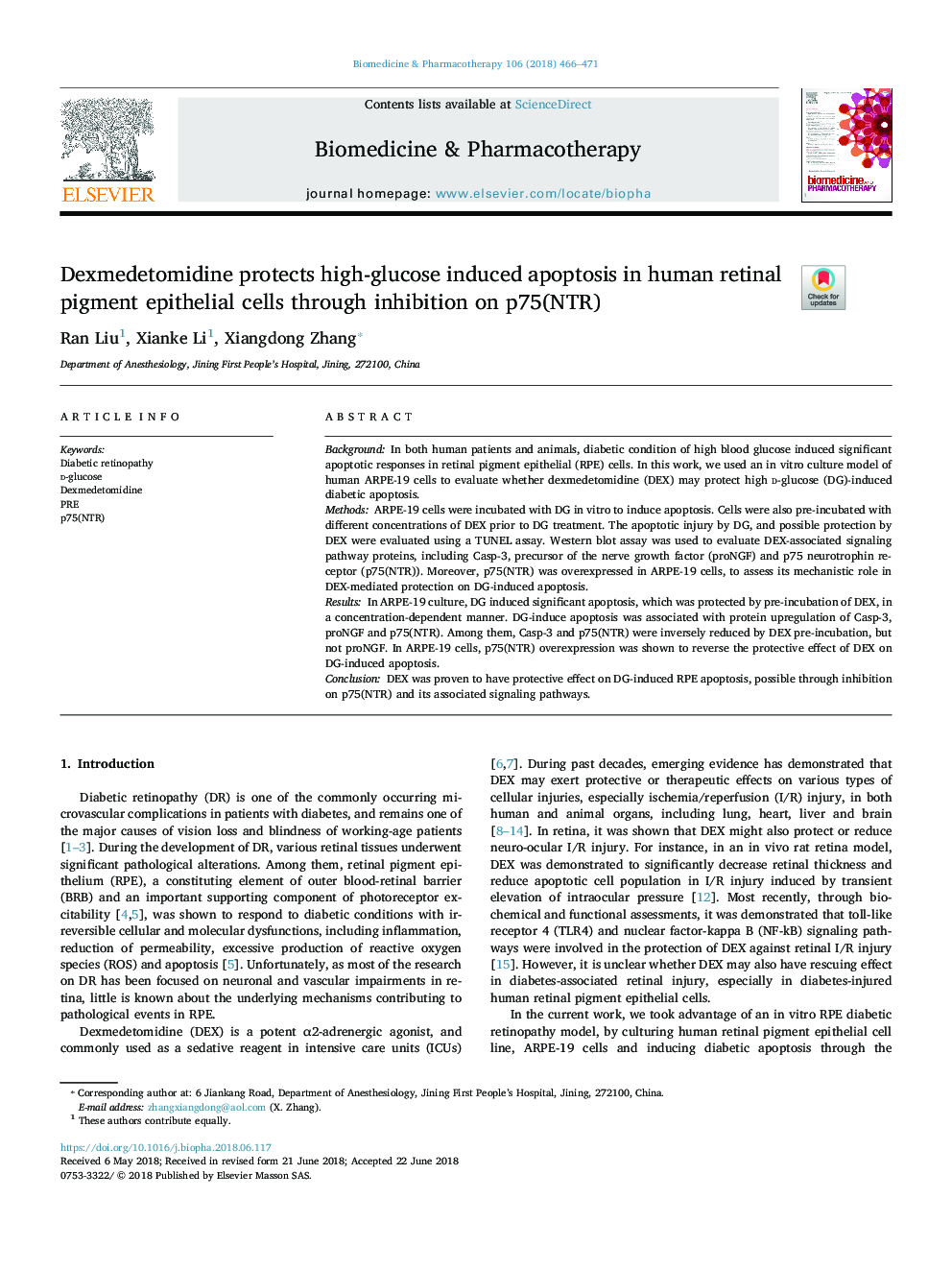 Dexmedetomidine protects high-glucose induced apoptosis in human retinal pigment epithelial cells through inhibition on p75(NTR)