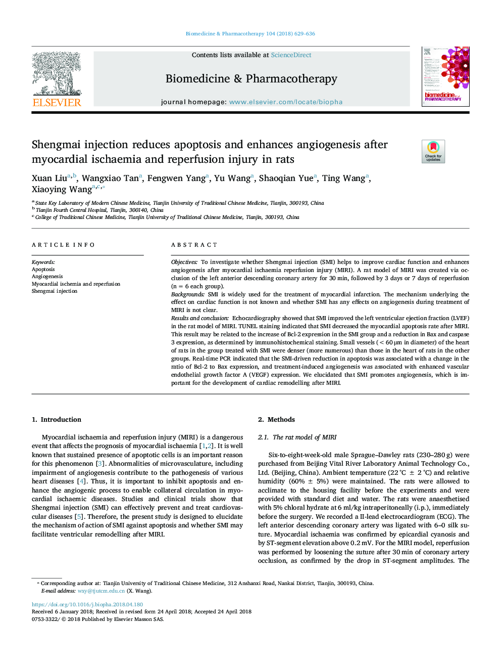 Shengmai injection reduces apoptosis and enhances angiogenesis after myocardial ischaemia and reperfusion injury in rats