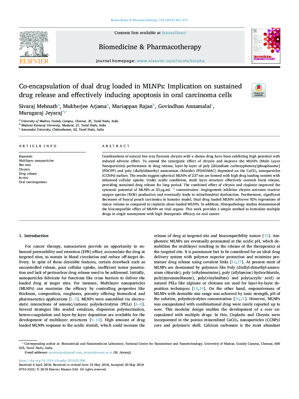 Co-encapsulation of dual drug loaded in MLNPs: Implication on sustained drug release and effectively inducing apoptosis in oral carcinoma cells