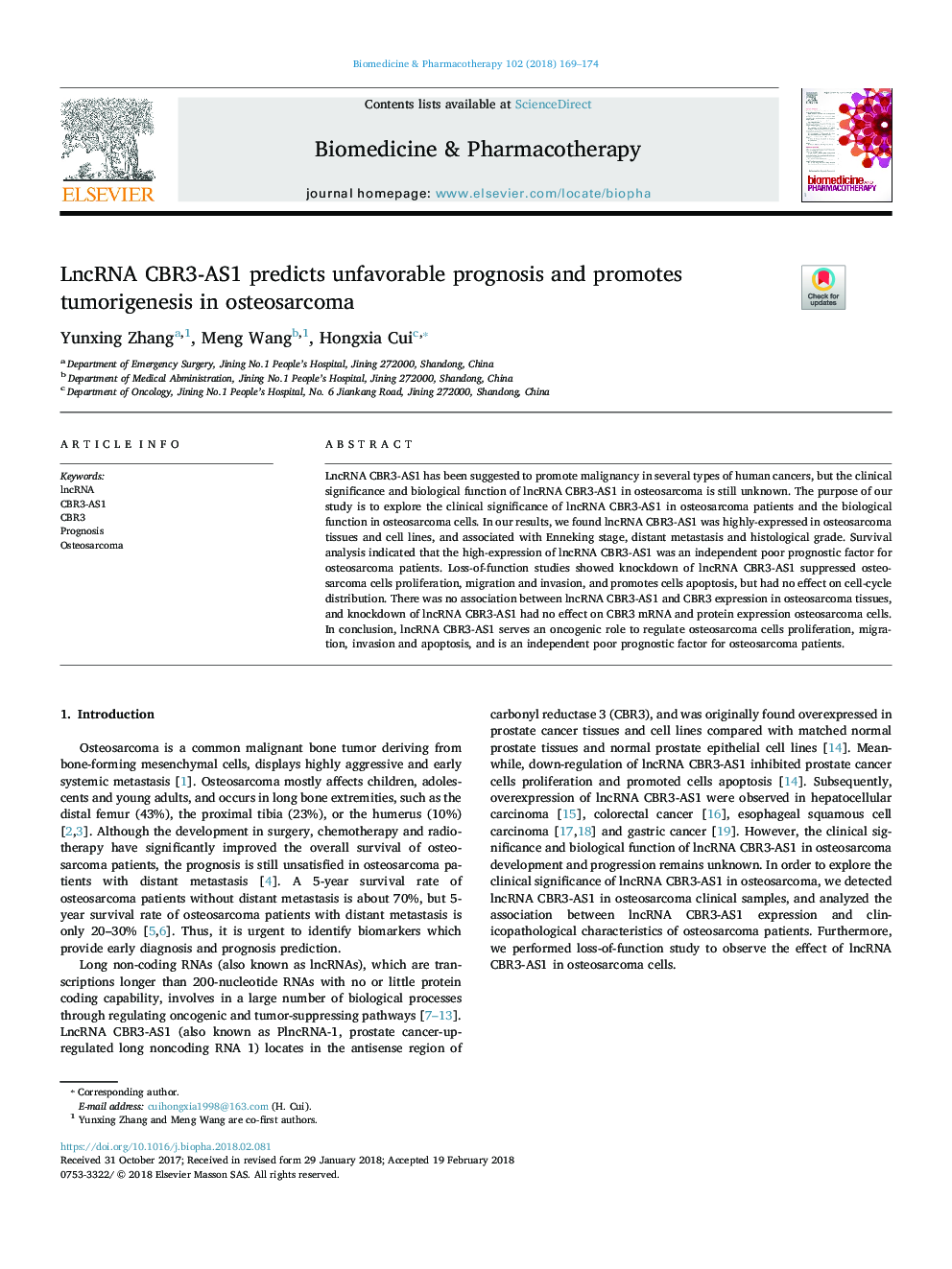 LncRNA CBR3-AS1 predicts unfavorable prognosis and promotes tumorigenesis in osteosarcoma