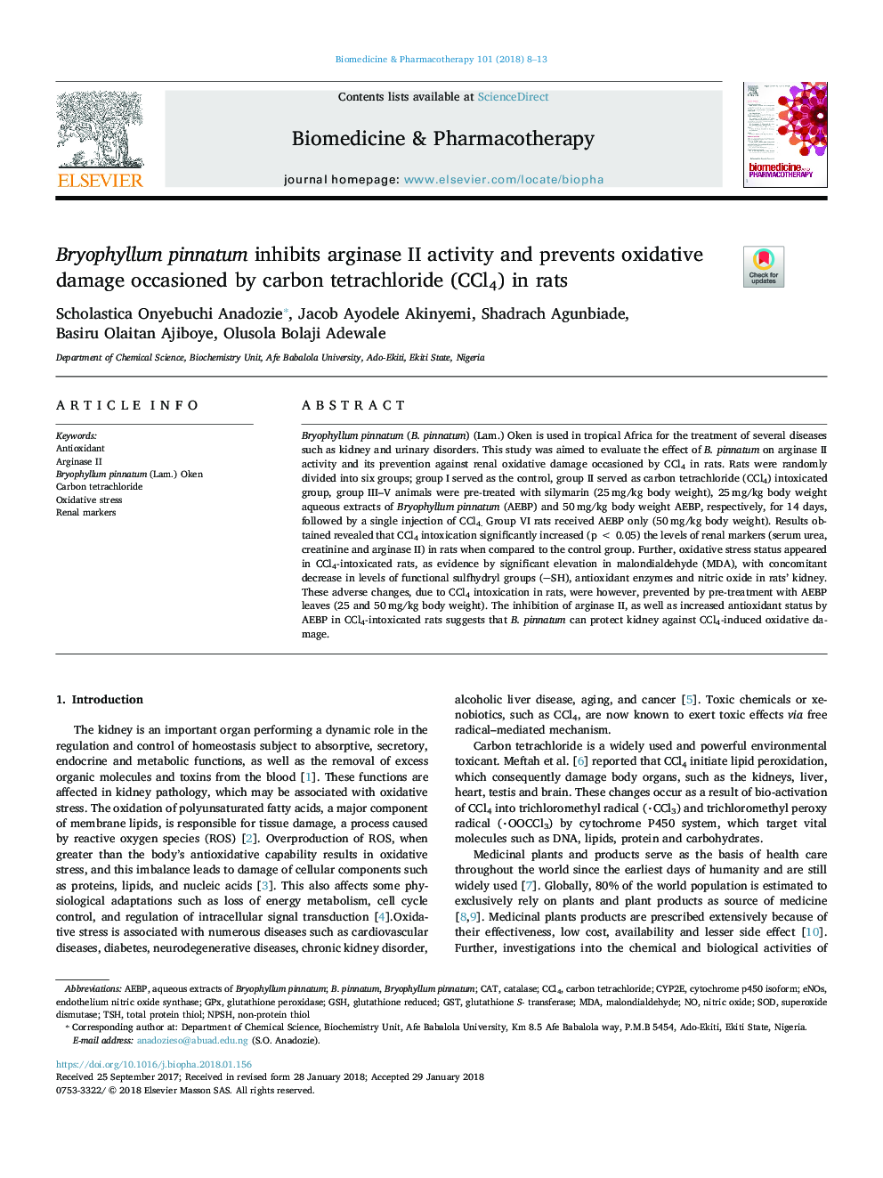 Bryophyllum pinnatum inhibits arginase II activity and prevents oxidative damage occasioned by carbon tetrachloride (CCl4) in rats