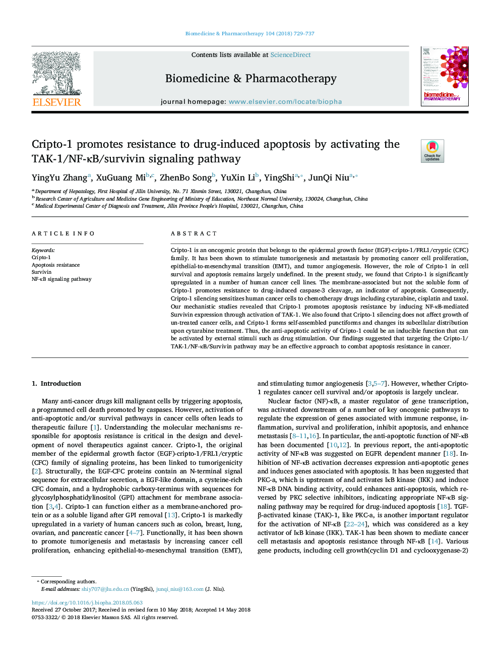 Cripto-1 promotes resistance to drug-induced apoptosis by activating the TAK-1/NF-ÎºB/survivin signaling pathway