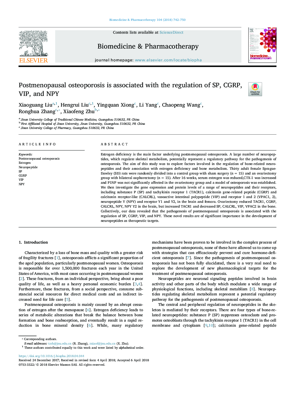 Postmenopausal osteoporosis is associated with the regulation of SP, CGRP, VIP, and NPY