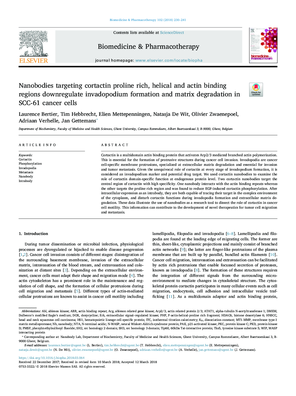 Nanobodies targeting cortactin proline rich, helical and actin binding regions downregulate invadopodium formation and matrix degradation in SCC-61 cancer cells