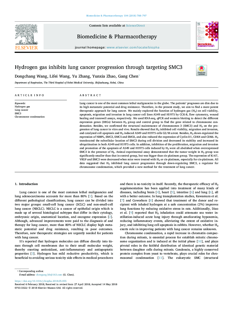 Hydrogen gas inhibits lung cancer progression through targeting SMC3